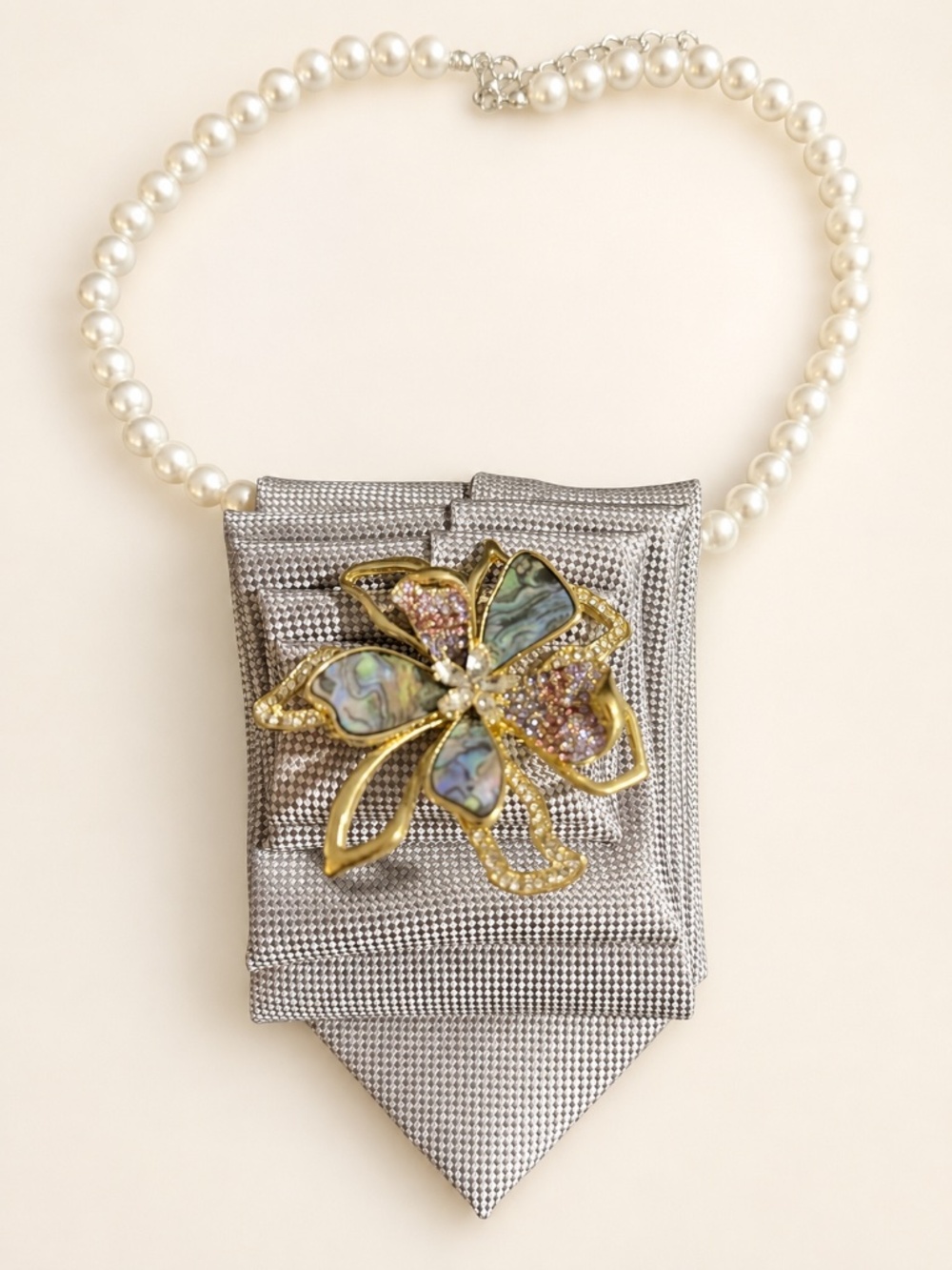 Perry Ellis Upcycled Necktie Wearable Art Pearl Necklace 2 Brooches One of Kind